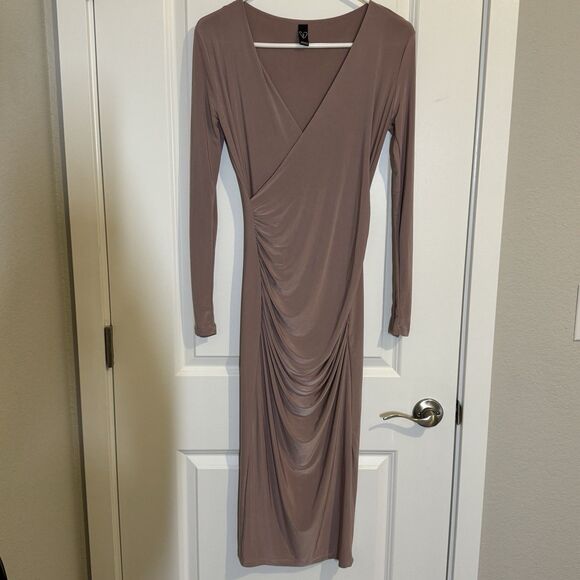Windsor Women's Dusty Rose V-Neck Long Sleeve Ruched Bodycon Dress Size M - Picture 1 of 6